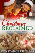 Book cover of 'Christmas Reclaimed' by Constance Phillips featuring a family around a Christmas tree.