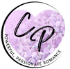 Logo with 'CP' in the center of a heart made of purple flowers, with text 'Powerful, Passionate Romance' on a white background.