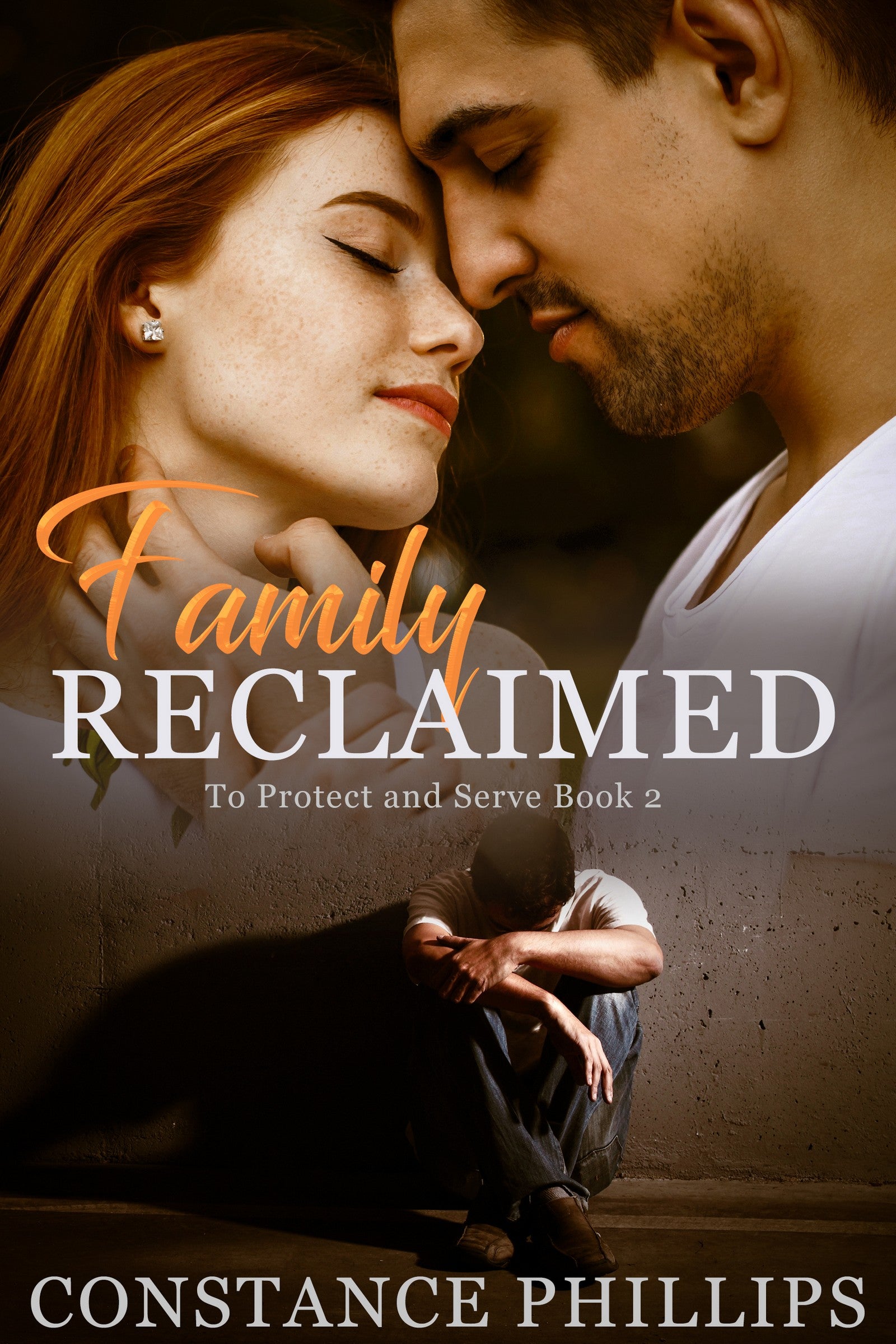 Book cover for 'Family Reclaimed' by Constance Phillips, featuring a close-up of a red-haired woman and a man with their foreheads touching, with a smaller inset image of a seated figure in the lower portion. The title is displayed in large orange and white text, and the author's name is at the bottom.