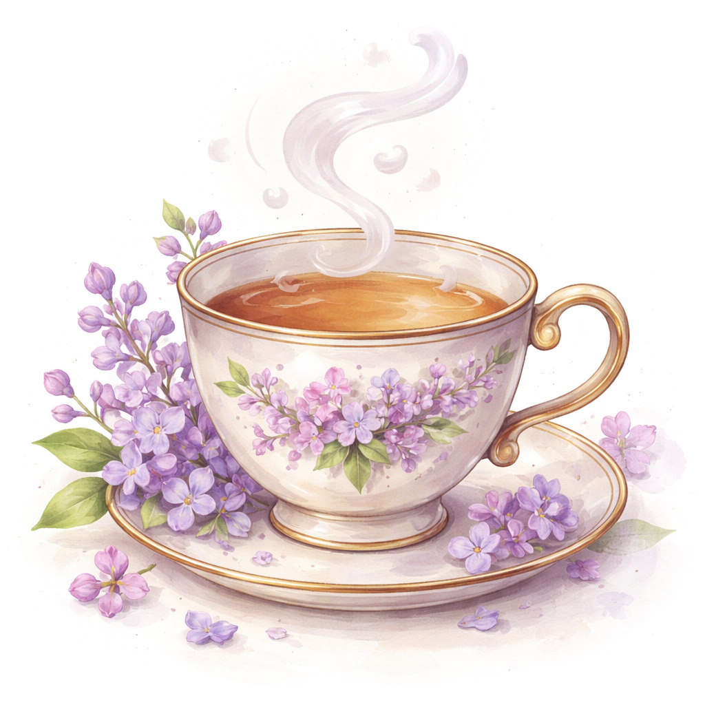 teacup with purple lilacs